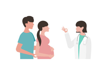 Obraz premium 妊婦夫婦にOKサインをする女医のベクターイラスト素材（左向き）