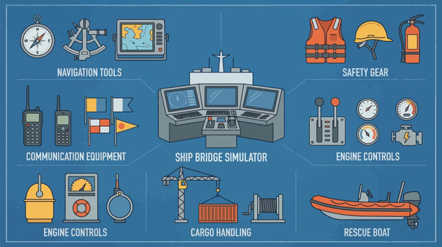 Various maritime navigation tools, communication equipment, and safety gear surround a central ship bridge simulator console.