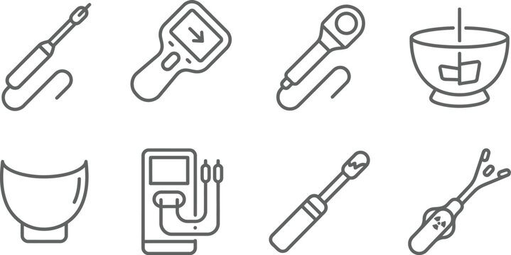A set of line art icons depicts various scientific and laboratory measuring instruments including thermometers and mixing bowls on a white background.