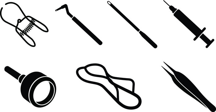 A collection of black silhouette icons represents various specialized surgical instruments such as a syringe, forceps, and retractors on a plain white background.