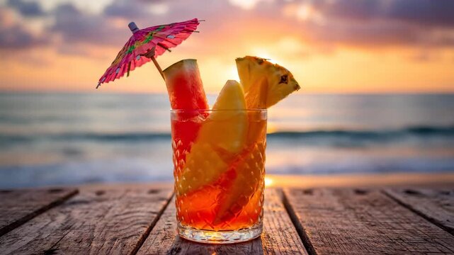 Tropical drink on a wood deck at sunset with fruit and umbrella.