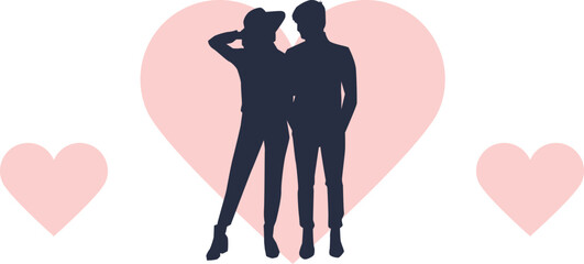 A romantic couple stands together in front of a large pink heart © Graphicclick