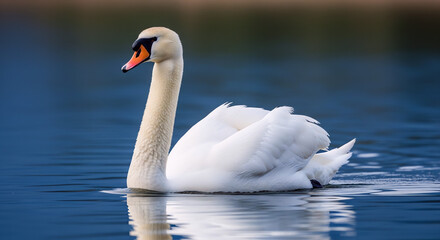 Fototapeta premium Graceful White Swan Gliding Calmly Across Serene Blue Water Surface Reflecting Natural Light