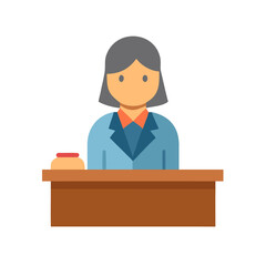 Flat vector illustration of a woman seated behind a desk with button