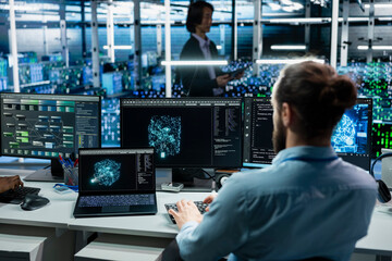 Fototapeta premium Programmer working in data center with hardware managing AI training datasets. IT worker overseeing machine learning tech in server farm supporting scalable infrastructure for AI apps