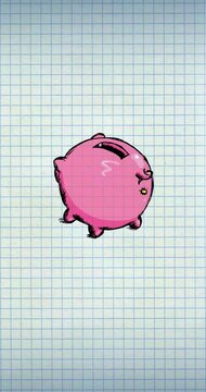 Inflation metaphor piggybank exercise book vertical. Cartoon piggy bank with coins and money pooping. Piggy bank gets big coin and returns small as a pooh containing them. Good for business explainer.