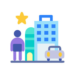 Naklejka premium Colorful city illustration with a person, buildings, car, and a star against black