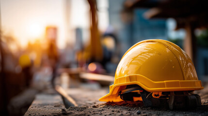 Close-up still life of a bright yellow hard hat resting on the dusty floor of an active construction site, warm construction site daylight illuminating the hard hat