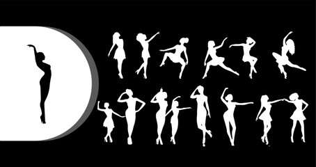 A collection of elegant ballerina silhouettes in various dance poses against a black background © Graphicclick
