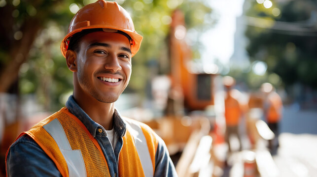 Close-up portrait of a young male construction site worker from the side, warm bright construction site daylight, confident and capable expression, safety vest and hard hat in