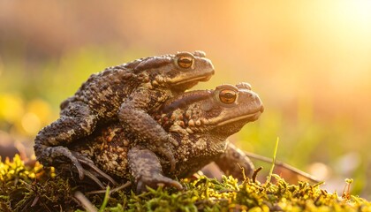 Obraz premium Two Frogs Mating in the Sunlight on Green Vegetation.