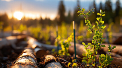 Naklejka premium Wide bright of a decommissioned construction site transformed into a phytoremediation project, young pioneer birch saplings planted in neat rows across reclaimed soil,