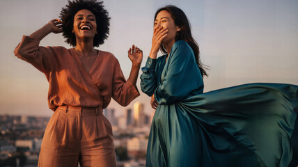 Naklejka premium Joyful Young Women Laughing on Rooftop with City View