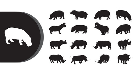A collection of black and white rhinoceros silhouettes on a clean white background © Graphicclick