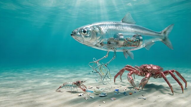 Transparent Robotic Fish Monitoring Crab on Sandy Seabed in Clear Ocean Water