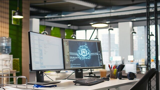 PC display on startup office desk showing artificial intelligence programming languages. Computer in company workspace used for AI machine learning code testing and quality assurance