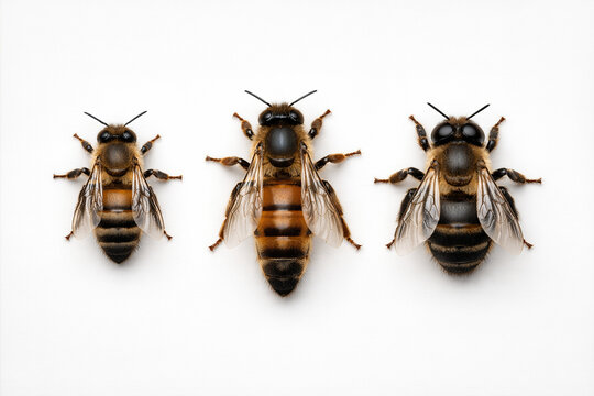 Queen Worker and Drone Honey Bee Castes on White Background