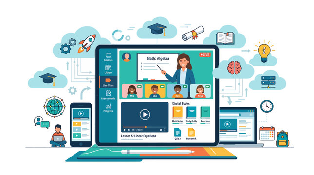 Online learning and remote education concept with people attending classes on digital devices like tablets and laptops