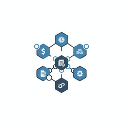 Naklejka premium Abstract network of hexagons with financial and mechanical icons