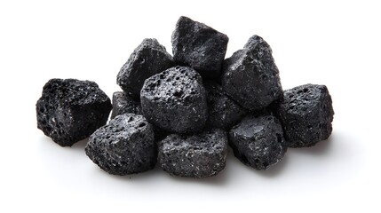 Pile of Black Coal Chunks on a White Background.