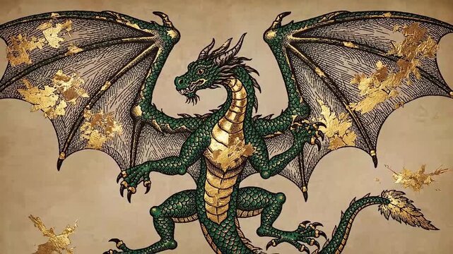 Wyvern dragon illustrated in colored medieval engraving style with slow wing motion inspired by fantasy heraldry and bestiary manuscripts.