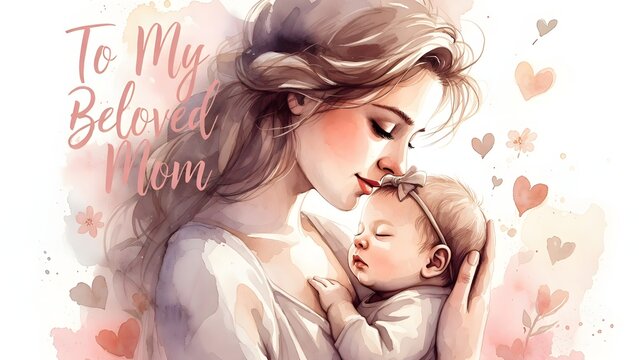 Watercolor Illustration of a Mother Holding Her Sleeping Baby with "To My Beloved Mom" Text