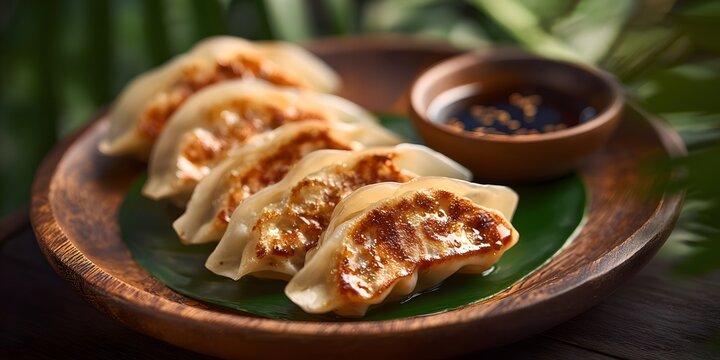 Artfully arranged golden-brown pan-fried dumplings, perfectly crisp and juicy, served with a savory dipping sauce on a vibrant green leaf, evoking a delightful culinary experience.
