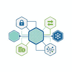 Network diagram showing interconnected hexagons with icons for security, finance, and data