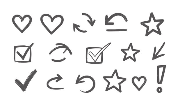 Hand drawn dark grey hearts stars checkmarks arrows exclamation mark
