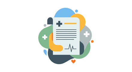 Abstract illustration of a medical document with a heartbeat line and plus signs, representing healthcare and wellness.