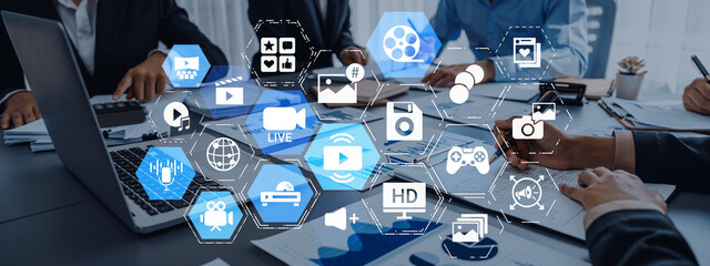 Fototapeta na wymiar Multimedia technology with video, audio, photo and streaming icons representing digital media, communication and online platforms in a modern multimedia world. Entice