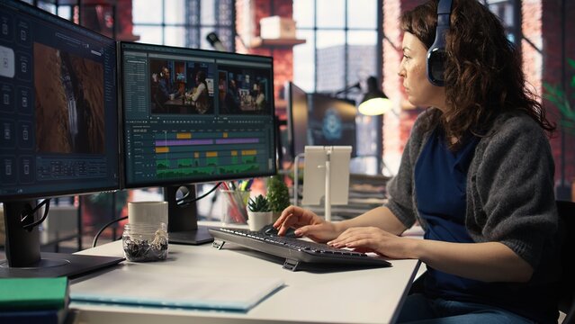 Video editor working on media post production from agency office, ensuring the editing timeline and color correction for a video shoot. Tech driven workspace showcases workflow. Camera A.