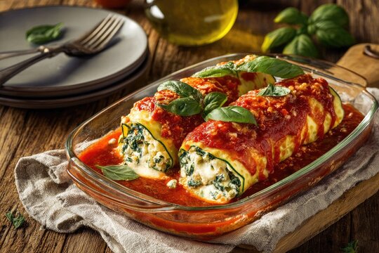 Baked manicotti dish with red sauce, spinach and ricotta filling on rustic table