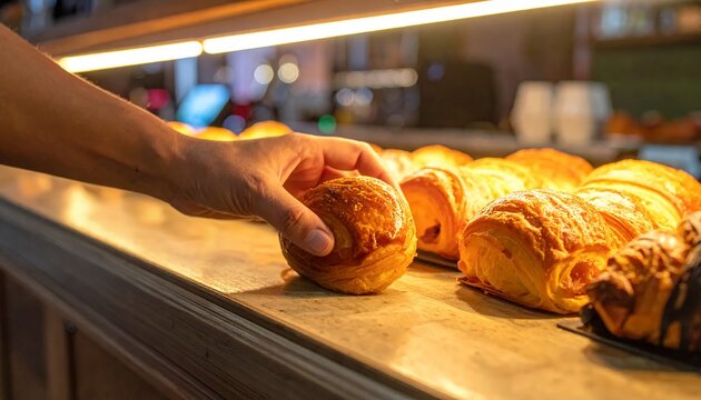 Hand selecting a freshly baked golden brown pastry from a bakery display case, showcasing a variety of delicious baked goods.