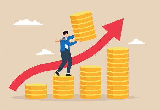 Flat illustration of businessman increase money stack with graph arrow up investment growth financial success compound interest capital gain profit pension fund wealth accumulation