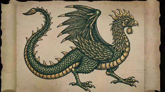 Basilisk creature illustrated in colored medieval engraving style with subtle motion inspired by medieval bestiary mythology.