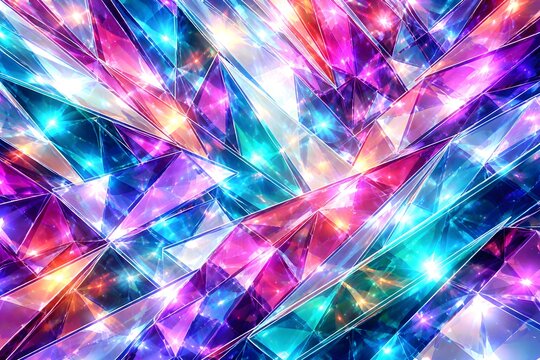 Colorful luminous prism crystal geometric abstract background with sparkling light reflections and vibrant rainbow spectrum
