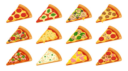 A delightful collection of diverse pizza slices, showcasing a variety of toppings and culinary creations
