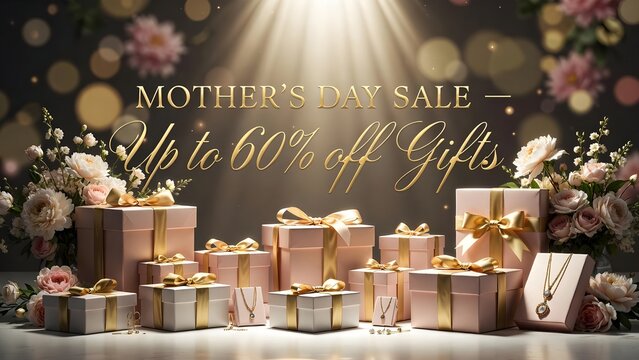 Mother's Day Sale Promotional Banner with Elegant Gift Boxes, Jewelry, and Roses, Up to 60% Off