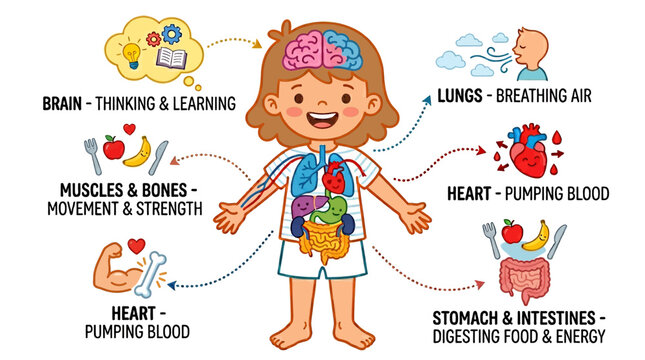 An educational illustration detailing the human body's vital organs and their functions like thinking learning breathing and digesting food