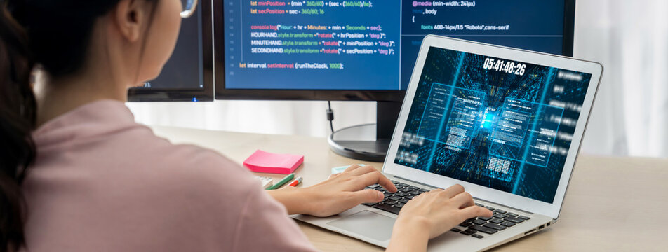 Software development or programming work with coding screen of various programming languages like HTML, , , and C brisk for new application development