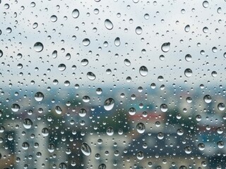 Raindrops falling on window glass with city background