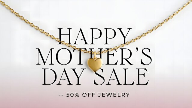 Mother's Day Sale Banner Featuring a Golden Heart Necklace on a Soft Background, 50% Off Jewelry