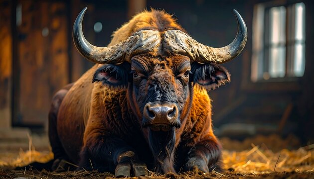 Majestic Bull Resting - A Close-Up of a Powerful Animal.