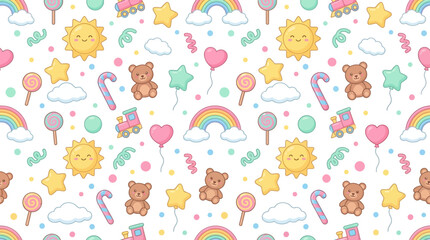 Fototapeta premium Kids Cartoon Seamless Pattern – Playful Toys and Rainbow Background