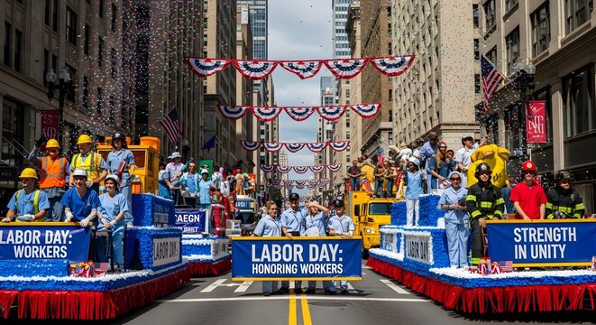 Vibrant labor day parade floats in urban setting