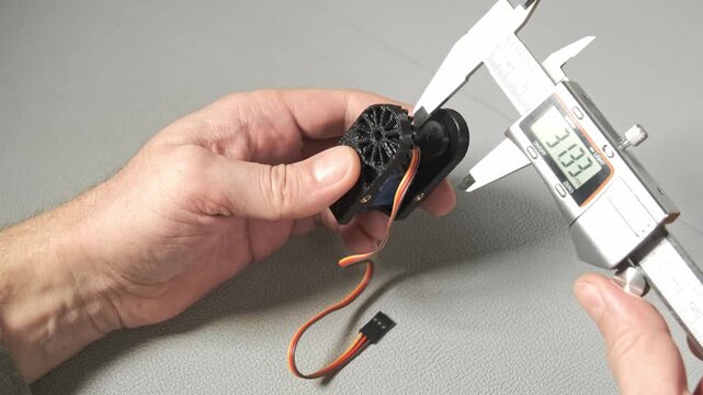 An engineer works with a digital caliper to measure a small robotic servo component with gears and wiring. Taking size, wide, length The precise measurement is shown on the LCD screen of the tool.