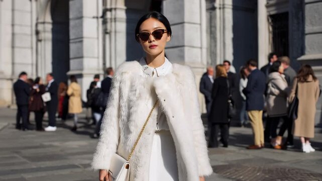 Guest in elegant white dress coat stands confidently in a lively urban setting surrounded by fashionable attendees during a social gathering