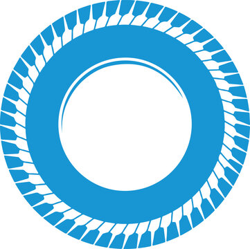 Circular blue tire tread pattern frame or round badge emblem with decorative industrial elements for automotive and mechanical design uses
