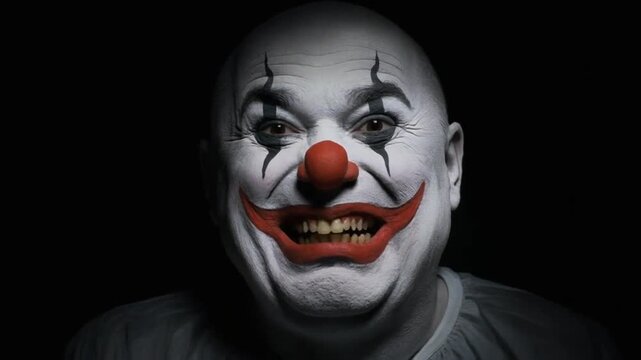 A close-up portrait of a man dressed as a creepy clown with white face paint, red nose and lips, and gold teeth against a dark background